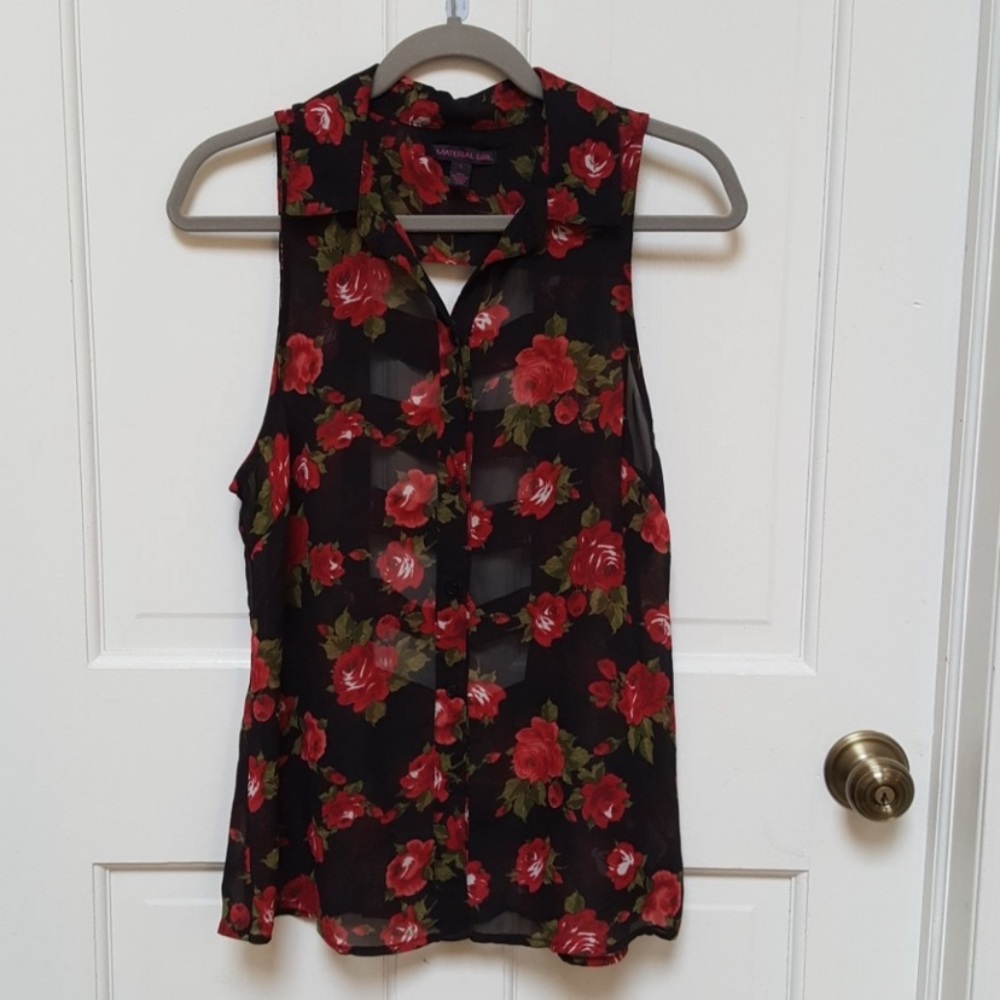 Material girl sheer cutout button down tank